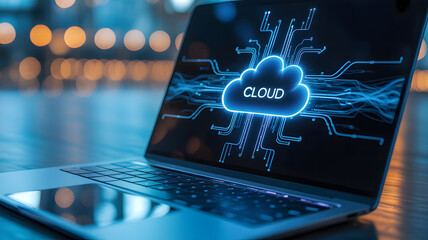 Cloud Computing Innovation: A close-up shot captures the essence of technological advancement, featuring an open laptop displaying an illuminated cloud symbol and circuit board.