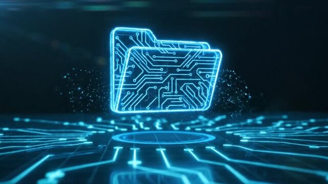 Digital folder icon with circuit board pattern for online data storage document management and information technology security in a futuristic virtual computer network system