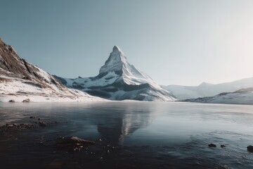 Fototapeta premium Snow-capped mountain reflected in a calm lake under a clear sky, surrounded by snowy terrain and rocky slopes