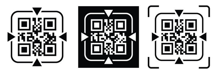 Fototapeta premium Minimalist QR code scanner icon set featuring three black and white variations with scan frames and mobile scanning concept. Clean flat vector symbols for apps, payment, barcode, technology, and UI de