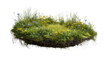 Isolated grassland island with vibrant wildflowers providing a natural element for graphic design