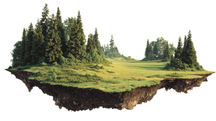 Floating island featuring a lush green meadow and dense coniferous forests offering a serene and