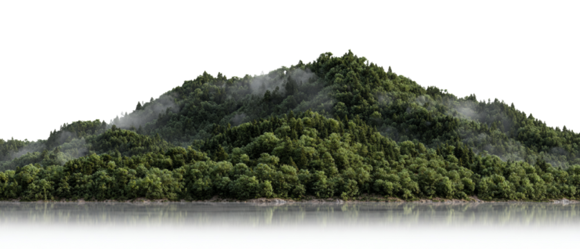 Verdant mountain range shrouded in mist, reflected in shimmering water with transparent background