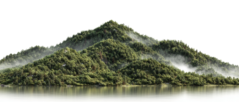 Serene mountain range covered with lush forest reflected in tranquil waters isolated transparent