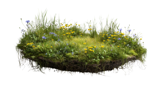 Isolated grassland island with vibrant wildflowers providing a natural element for graphic design