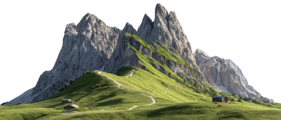 Picturesque mountain landscape featuring rugged peaks, verdant slopes, and winding trails under