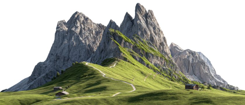 Picturesque mountain landscape featuring rugged peaks, verdant slopes, and winding trails under