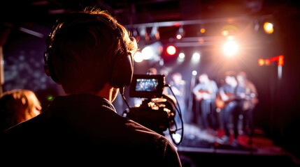 A cameraman films a live music performance on stage with colorful lighting and blurred musicians in the background