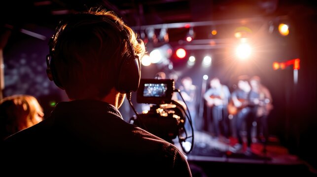 A cameraman films a live music performance on stage with colorful lighting and blurred musicians in the background - Powered by Adobe