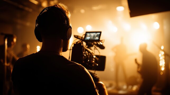 A cameraman films a live music performance on stage, capturing artists in dramatic, warm lighting with a creative, cinematic atmosphere
