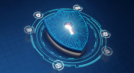 3D digital shield with keyhole, circuit board design, surrounded by circular icons, symbolizes data protection, cybersecurity, and digital safety