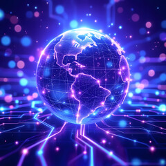 Obraz premium Digital World: A mesmerizing, photorealistic representation of planet earth, intricately woven with a network of illuminated circuitry.