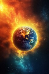 Fototapeta premium The entire Earth, floating in the vastness of space, is surrounded by a cosmic backdrop, with bright, colorful details. Above the Earth, yellow rays of light stretch straight into the Universe.