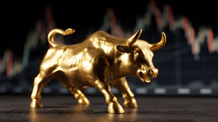 Golden bull statue glowing over financial charts