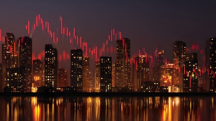 Fototapeta premium City skyline with stock market tickers glowing upward