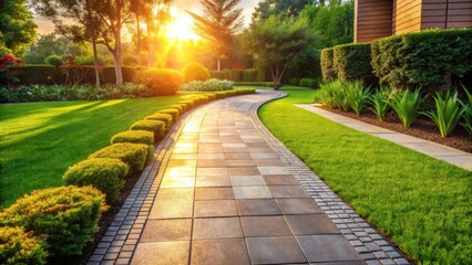 Obraz premium Serene Sunset Stroll Along a Curving Garden Path Featuring Lush Green Lawns and Neat Hedges