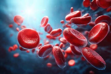 Red blood cells flow through a vessel in a vibrant, detailed microscopic view with a glowing blue background