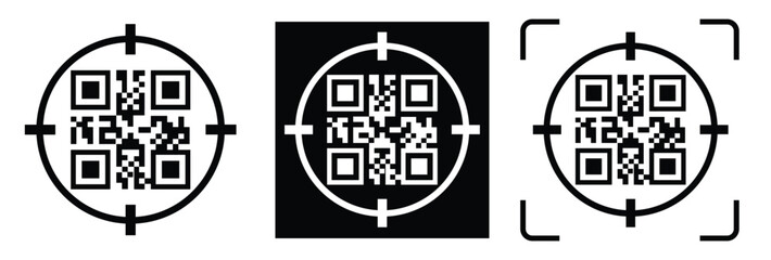Obraz premium Minimalist QR code scanner icon set featuring three black and white variations with scan frames and mobile scanning concept. Clean flat vector symbols for apps, payment, barcode, technology, and UI de