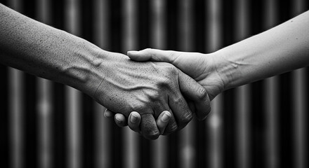 Powerful black and white photograph capturing a symbolic handshake between two individuals, representing trust, unity, agreement, and the strength of human connection and partnership