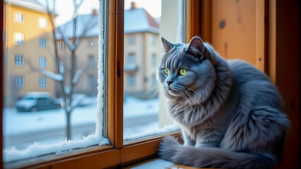 Russian Blue cat on a windowsill overlooking snowy streets, soft cold light