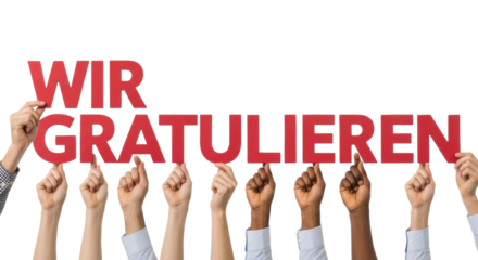 Diverse human hands hold red capital letters spelling 'WIR GRATULIEREN' against a white studio background with cinematic soft shadows and sharp focus, concept of collective congratulation