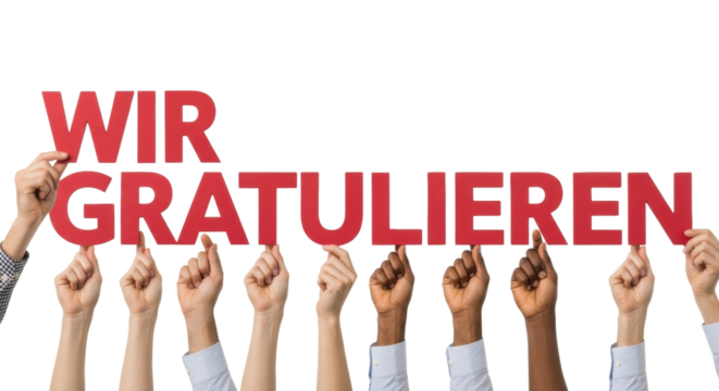 Diverse human hands hold red capital letters spelling 'WIR GRATULIEREN' against a white studio background with cinematic soft shadows and sharp focus, concept of collective congratulation - Powered by Adobe