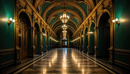 Obraz premium Art Deco Hallway with Gold Accents and Deep Green Walls