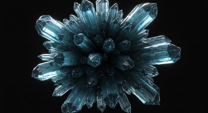 A cluster of jagged blue crystals sharply angled and tightly packed radiates from a dark background