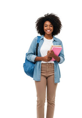Young african-american woman, curly hair, white t-shirt, denim shirt, brown pants, holding books and blue backpack, smiling confidently against transparent studio background with copy space, concept