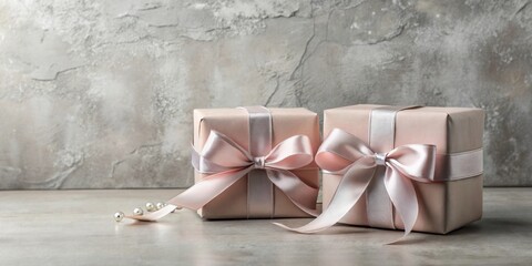 Two elegantly wrapped presents with delicate pink ribbons and scattered pearls against a textured backdrop