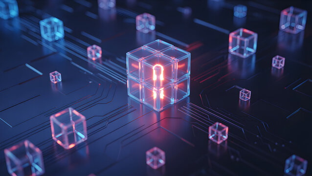 Transparent cubes with glowing red lock symbol on dark circuit board background 4k full hd 2025 2026 download