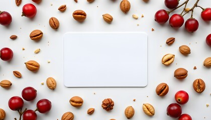 Autumnal Palette: A still life of seasonal delights features an array of nuts and berries, artfully arranged around a blank card for personalized messaging or product display. 