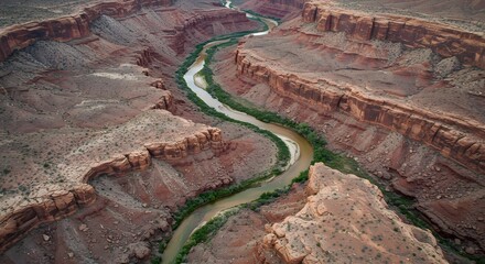 Aerial view of a winding river carving through a rugged canyon landscape