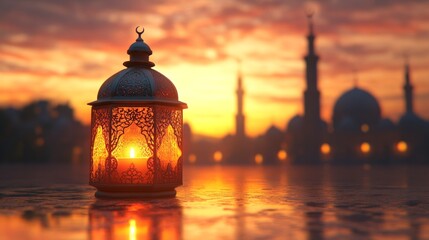 An oil lamp with patterns against the backdrop of a sunset and silhouettes of mosques conveys an atmosphere of spirituality, tradition, and celebration.