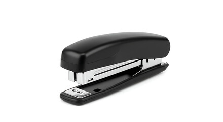 A Contemporary Office Essential: Close-Up View of a Sleek Black Stapler on a Crisp White Backdrop, Ready for Document Organization