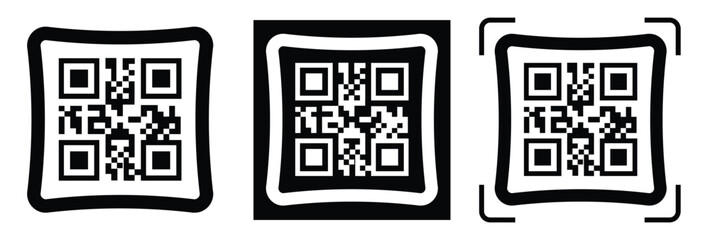 Fototapeta premium Minimalist QR code scanner icon set featuring three black and white variations with scan frames and mobile scanning concept. Clean flat vector symbols for apps, payment, barcode, technology, and UI de