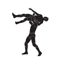 Minimalist Vector Illustration of Two Wrestlers in Dynamic Pose in Black and White Style