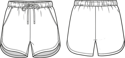 Vector fashion flat sketch illustration of sporty elastic waist running shorts with drawstring and curved hem with two-tone stripes detail.