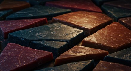 Arrangement of waxy multicolored irregularly shaped slabs