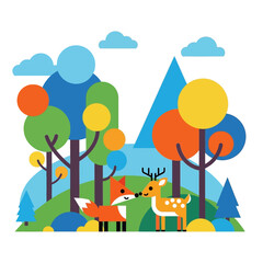 Naklejka premium Friendly Fox and Deer Meeting in Meadow.