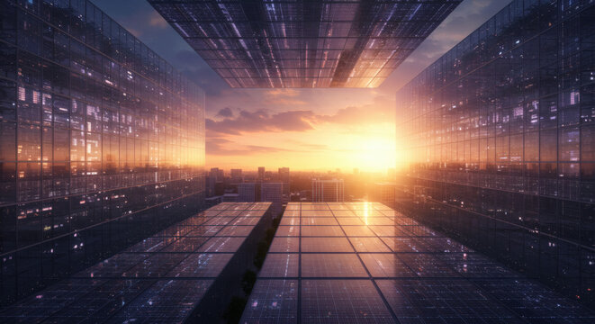 Futuristic digital cityscape with sunset glow, symbolizing innovation and future technology