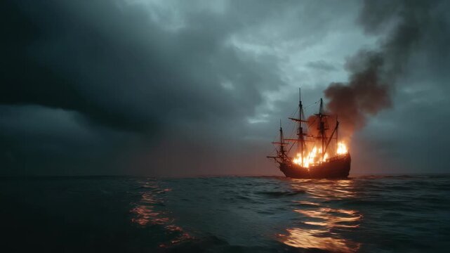 Burning Sailboat Amidst Dark Cloudy Sky on Blue Sea Water Surface During Daytime With Smoke and Fire Reflecting on Water in a Panoramic Shot