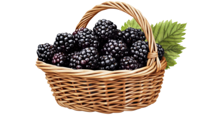 Blackberries in a wicker basket isolated on transparent background