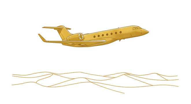 A luxurious golden private business jet soaring through abstract golden skies, a powerful symbol of wealth, freedom, and exclusive travel