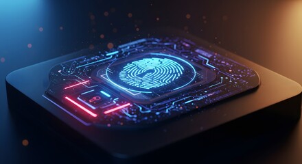 Advanced digital fingerprint scanning technology securing personal data with biometric identification on a futuristic circuit board, illuminated by glowing lights