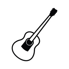 A minimalist black silhouette of a guitar on a clean white background