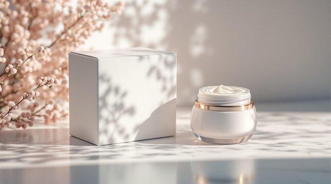 White cosmetic container and package with face cream, surrounded by cherry blossom shadows in a sunlit, clean setting for product advertising