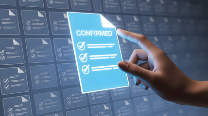 Confirmed Document: A digital document displaying the word Confirmed and check marks is touched on a virtual interface, symbolizing confirmation and approval.