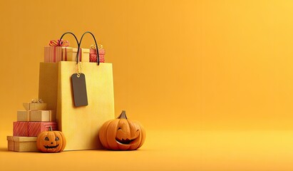 Halloween shopping bag filled with gifts and carved pumpkins.