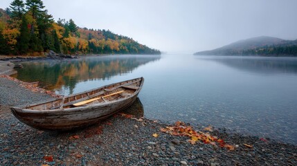 Obraz premium A lone boat rests on a pebbled shore by a serene lake, surrounded by autumnal trees in misty weather.